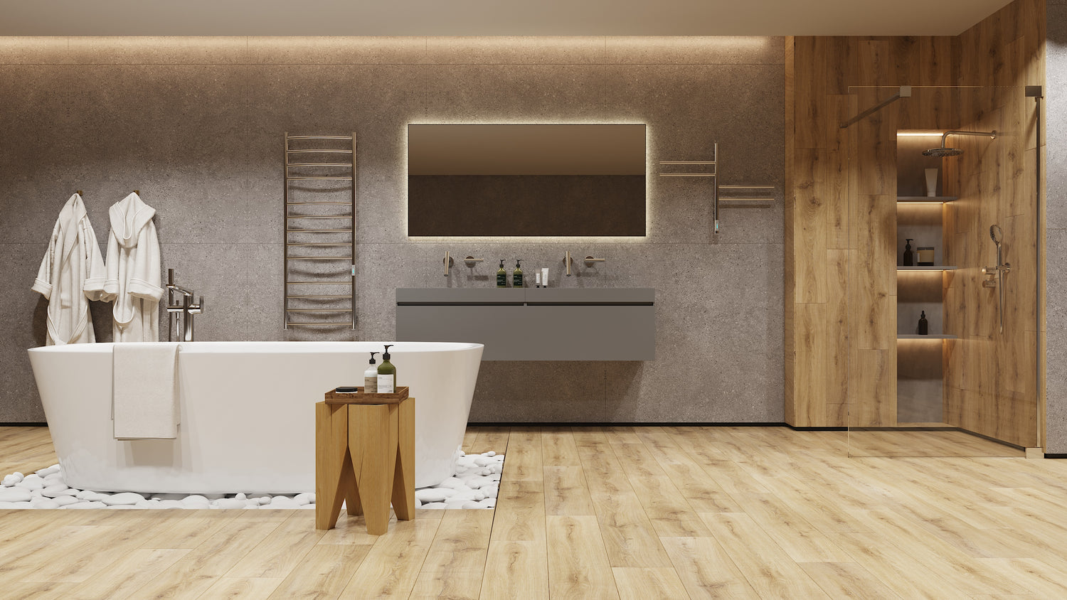 Дизайн ванної кімнати з хромованими радіаторами, дерев'яною підлогою та сучасними меблями