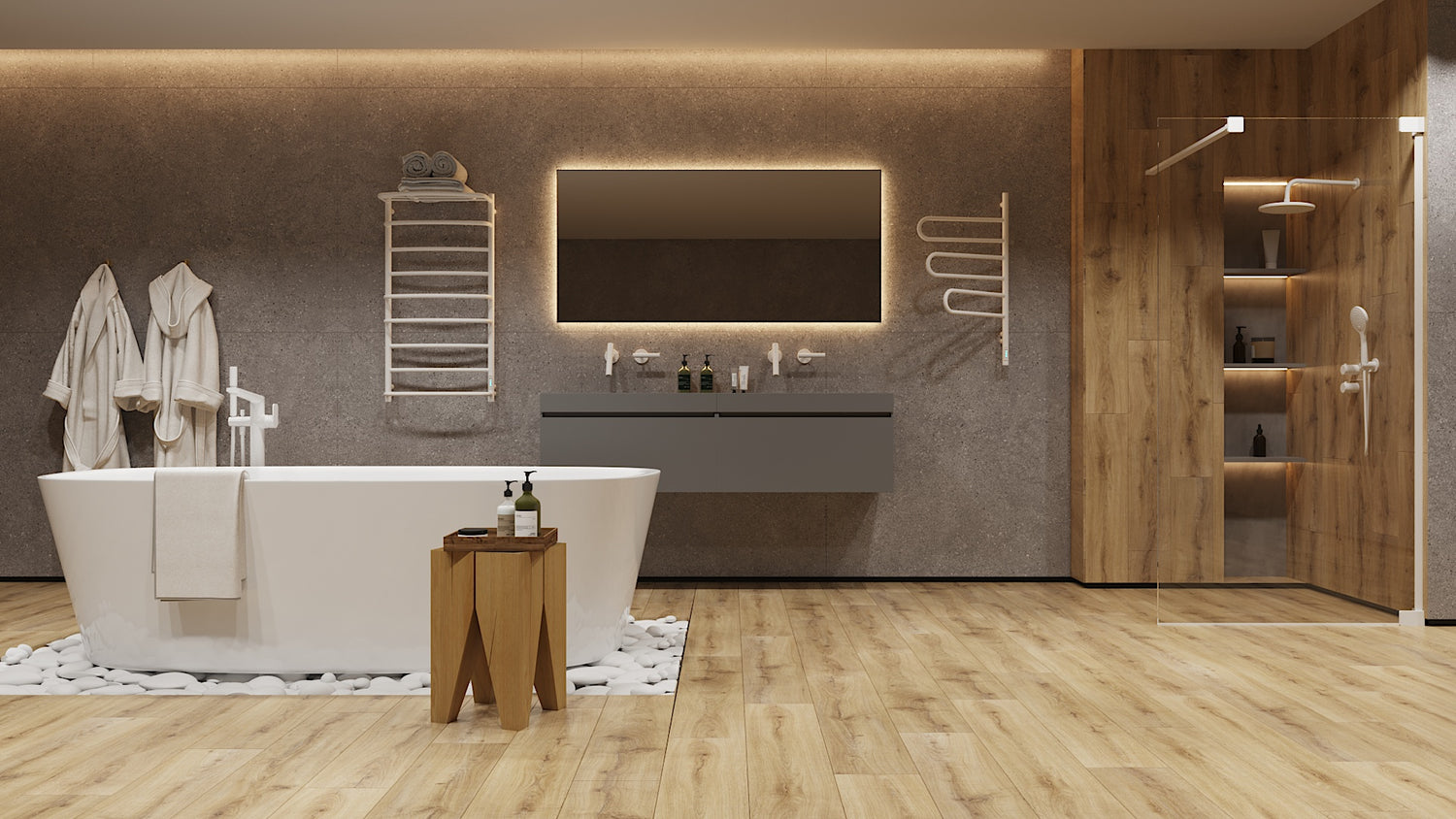 Ванна кімната в сучасному стилі з хромованими рушникосушками, сірими стінами та дерев'яною підлогою