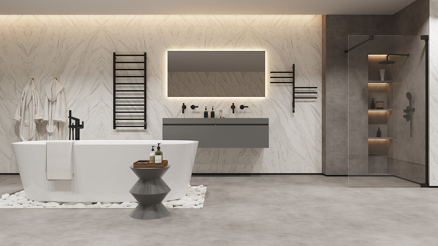 Сучасний дизайн ванної кімнати з чорними електричними рушникосушками, окремостоячою ванною та стінами під мармур