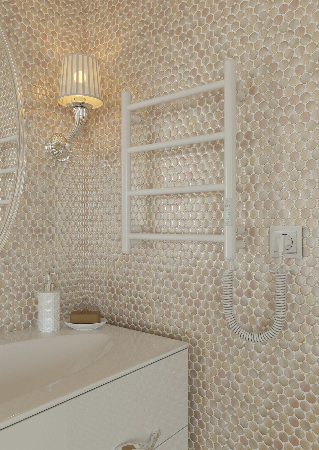 Компактна електрична рушникосушарка Elna Ладер 4 Біла Глянцева (45W, таймер) у ванній