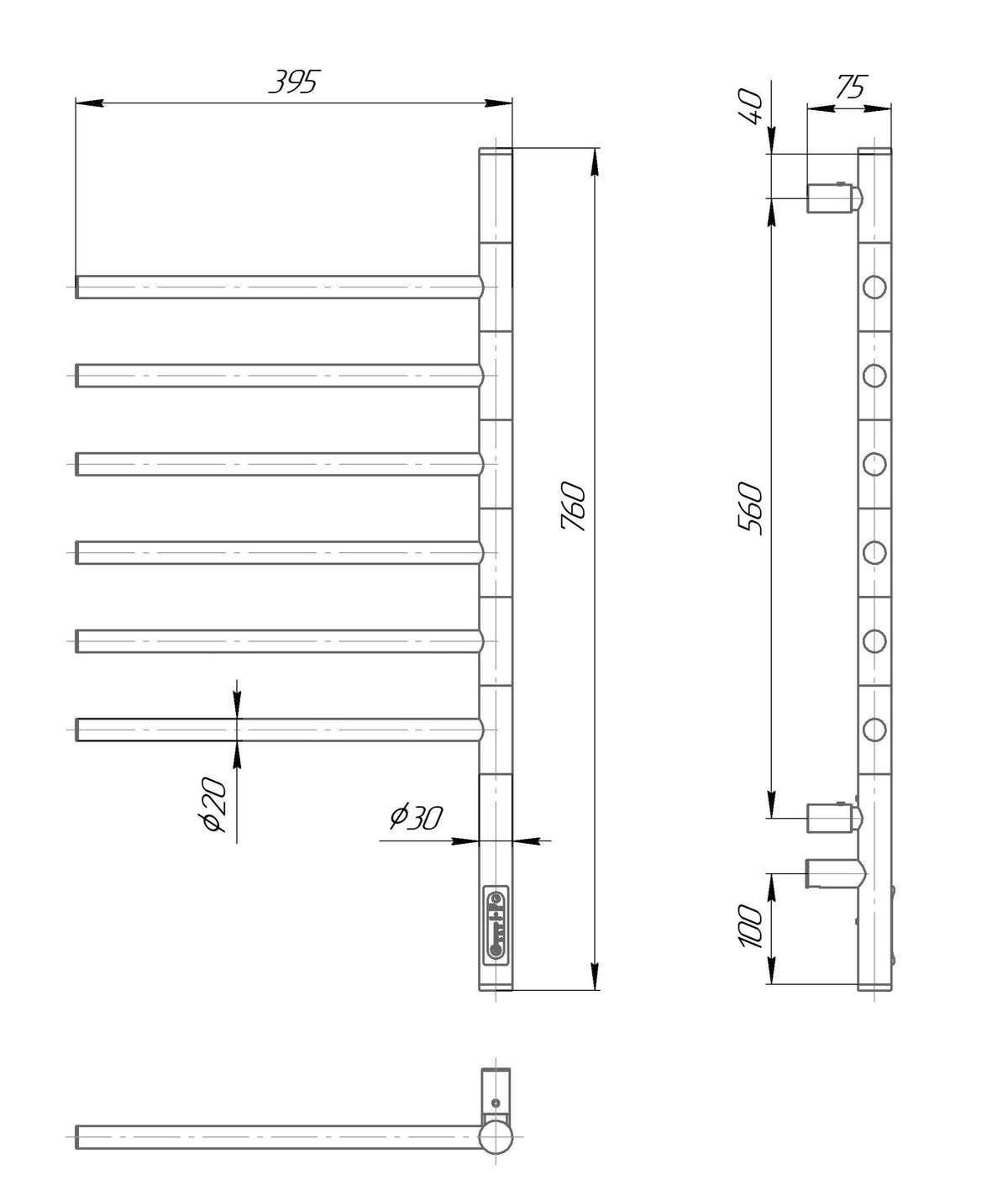 Схема з розмірами електричної рушникосушарки Elna Вертикаль 6 Хром (65W)